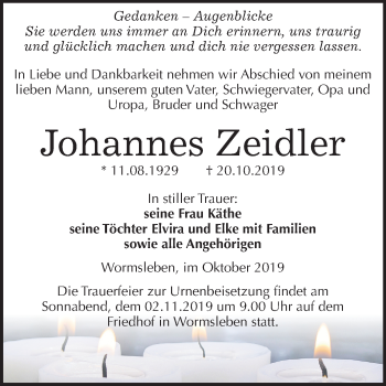 Traueranzeige von Johannes Zeidler von Super Sonntag Mansfelder Land