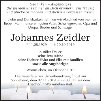 Traueranzeige von Johannes Zeidler von Mitteldeutsche Zeitung Mansfelder Land