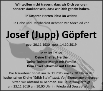 Traueranzeige von Josef Göpfert von Wochenspiegel Bitterfeld