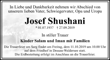 Traueranzeige von Josef Shushani von Wochenspiegel Dessau-Roßlau