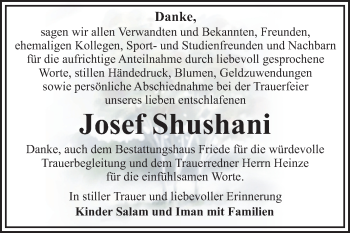 Traueranzeige von Josef Shushani von Super Sonntag Dessau-Roßlau
