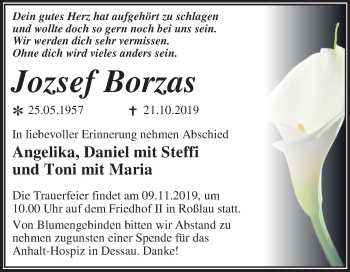 Traueranzeige von Jozsef Borzas von Super Sonntag Dessau-Roßlau