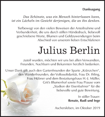 Traueranzeige von Julius Berlin von Super Sonntag Aschersleben