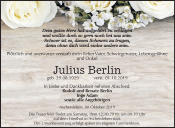 Traueranzeige von Julius Berlin von Wochenspiegel Aschersleben