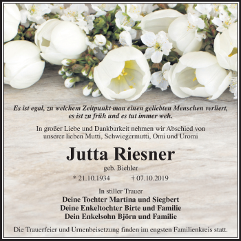 Traueranzeige von Jutta Riesner von Mitteldeutsche Zeitung Wittenberg