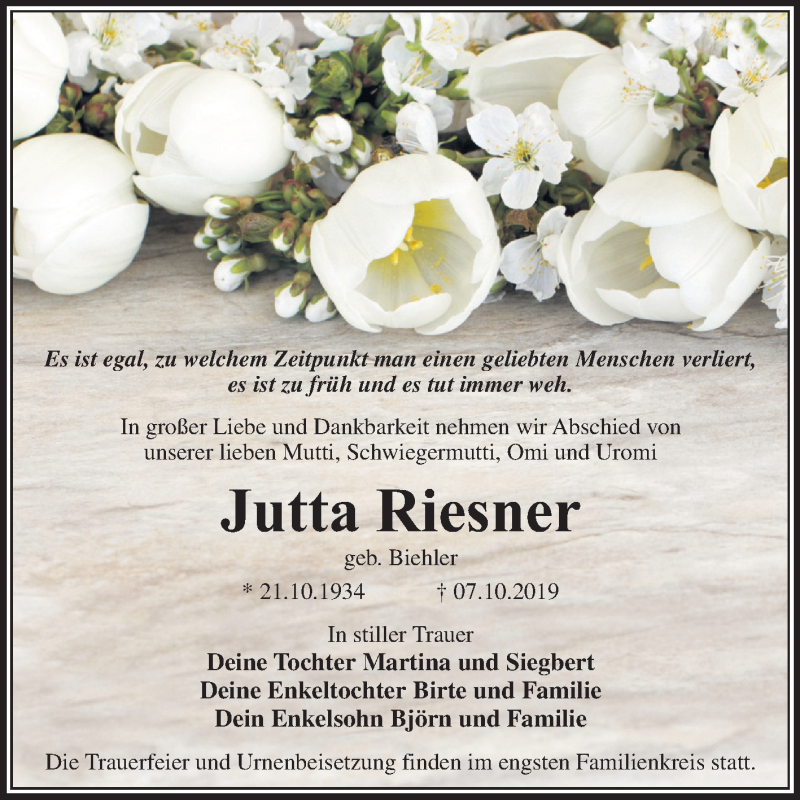  Traueranzeige für Jutta Riesner vom 19.10.2019 aus Mitteldeutsche Zeitung Wittenberg