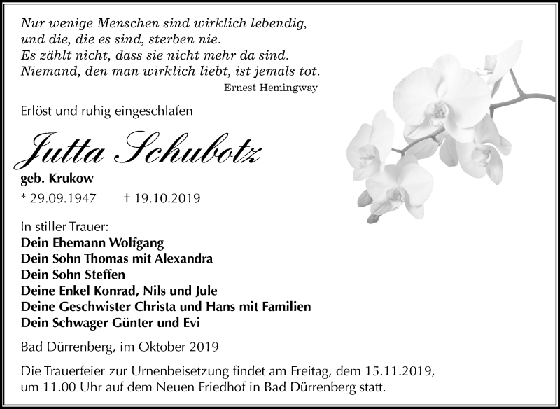  Traueranzeige für Jutta Schubotz vom 26.10.2019 aus Mitteldeutsche Zeitung Merseburg/Querfurt