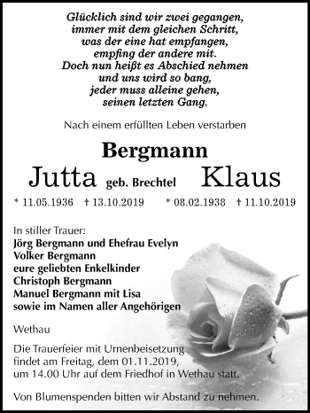 Traueranzeige von Jutta und Klaus Bergman von Mitteldeutsche Zeitung Naumburg/Nebra