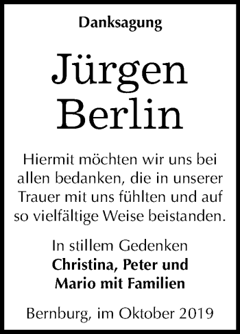Traueranzeige von Jürgen Berlin von Mitteldeutsche Zeitung Bernburg
