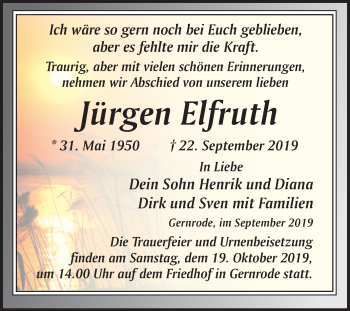 Traueranzeige von Jürgen Elfruth von Super Sonntag Quedlinburg