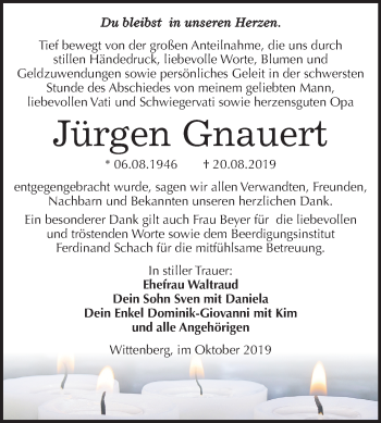 Traueranzeige von Jürgen Gnauert von Super Sonntag Wittenberg