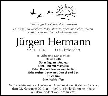 Traueranzeige von Jürgen Hermann von Mitteldeutsche Zeitung Merseburg/Querfurt