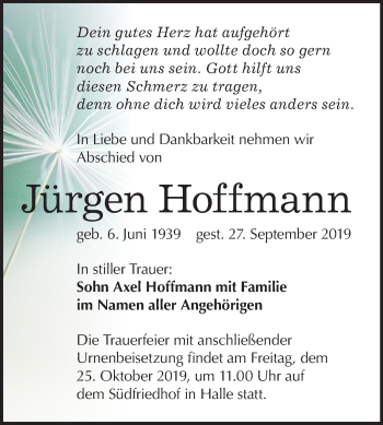 Traueranzeige von Jürgen Hoffmann von Mitteldeutsche Zeitung Halle/Saalkreis
