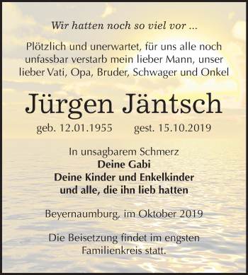 Traueranzeige von Jürgen Jäntsch von Mitteldeutsche Zeitung Sangerhausen