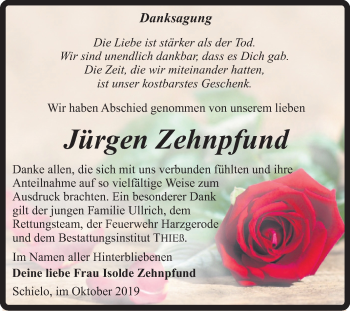 Traueranzeige von Jürgen Zehnpfund von Super Sonntag Quedlinburg