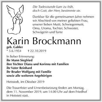 Traueranzeige von Karin Brockmann von Mitteldeutsche Zeitung Mansfelder Land