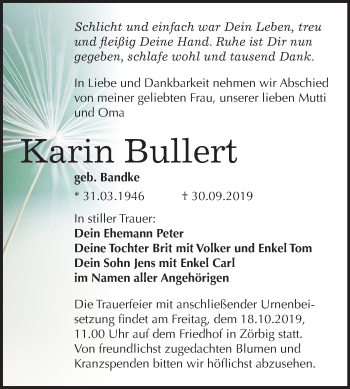 Traueranzeige von Karin Bullert von Wochenspiegel Bitterfeld