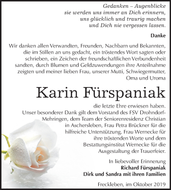 Traueranzeige von Karin Fürspaniak von Wochenspiegel Aschersleben
