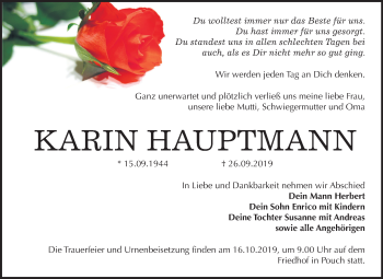 Traueranzeige von Karin Hauptmann von Wochenspiegel Bitterfeld