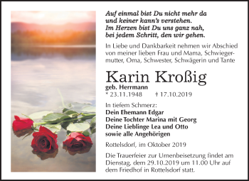 Traueranzeige von Karin Kroßig von Wochenspiegel Mansfelder Land