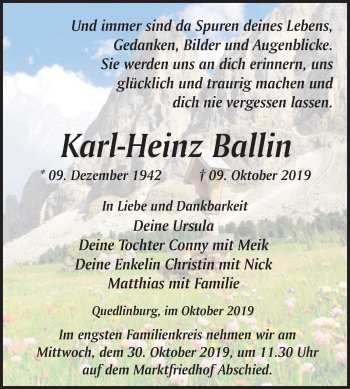 Traueranzeige von Karl-Heinz Ballin von Wochenspiegel Quedlinburg