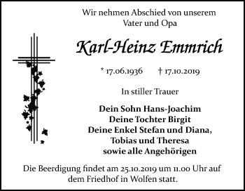 Traueranzeige von Karl-Heinz Emmrich von Mitteldeutsche Zeitung Bitterfeld