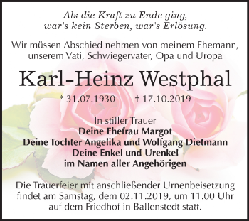Traueranzeige von Karl-Heinz Westphal von Mitteldeutsche Zeitung Quedlinburg