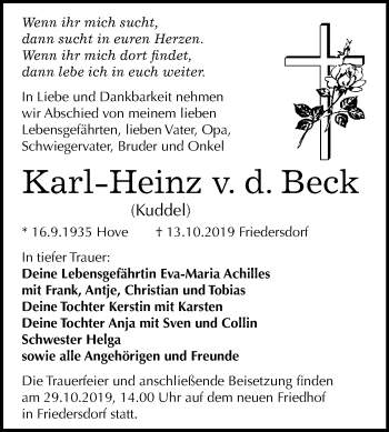 Traueranzeige von Karl-Heinz v. d. Beck von Mitteldeutsche Zeitung Bitterfeld