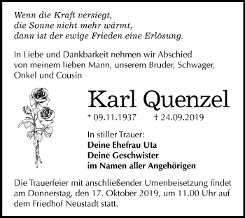 Traueranzeige von Karl Quenzel von Mitteldeutsche Zeitung Halle/Saalkreis