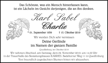 Traueranzeige von Karl Sabel von Mitteldeutsche Zeitung Quedlinburg