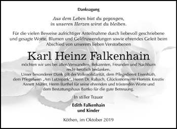 Traueranzeige von Karl Heinz Falkenhain von Super Sonntag Köthen