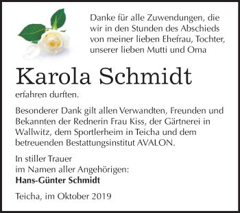 Traueranzeige von Karola Schmidt von Mitteldeutsche Zeitung Halle/Saalkreis