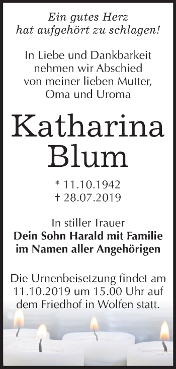 Traueranzeige von Katharina Blum von Wochenspiegel Bitterfeld