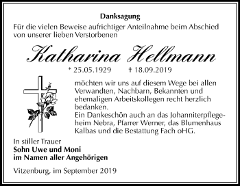 Traueranzeige von Katharina Hellmann von Mitteldeutsche Zeitung Merseburg/Querfurt