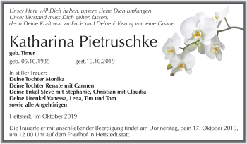 Traueranzeige von Katharina Pietruschke von Mitteldeutsche Zeitung Mansfelder Land