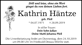 Traueranzeige von Kathrin Häntze von Super Sonntag Dessau-Roßlau