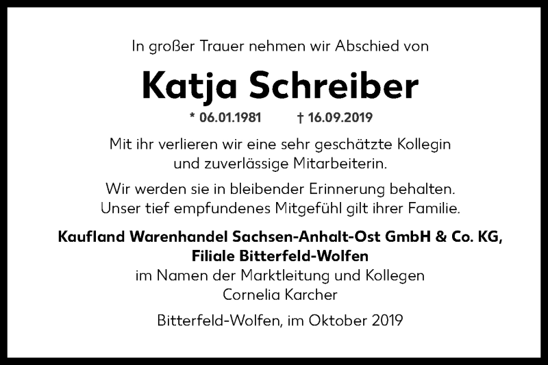  Traueranzeige für Katja Schreiber vom 12.10.2019 aus Mitteldeutsche Zeitung Bitterfeld