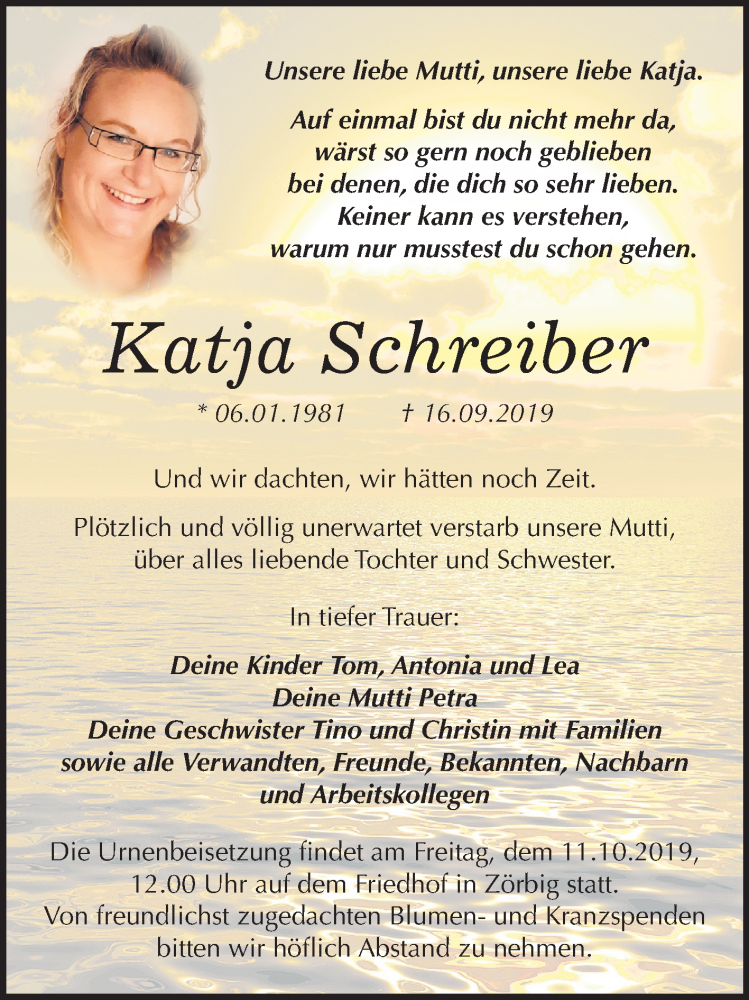  Traueranzeige für Katja Schreiber vom 02.10.2019 aus Wochenspiegel Bitterfeld