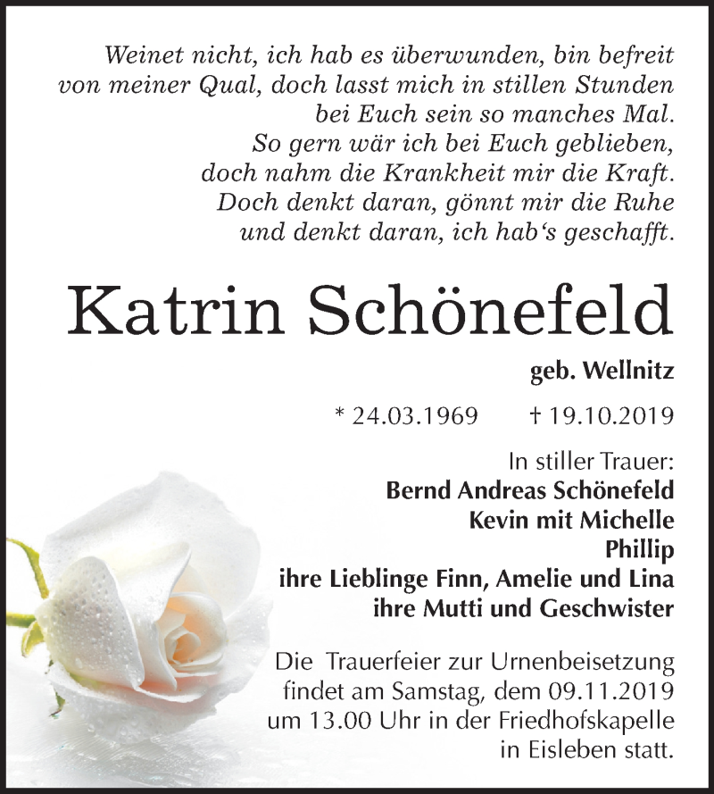  Traueranzeige für Katrin Schönefeld vom 26.10.2019 aus Mitteldeutsche Zeitung Mansfelder Land