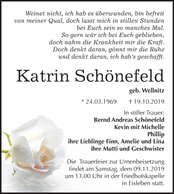 Traueranzeige von Katrin Schönefeld von Mitteldeutsche Zeitung Mansfelder Land