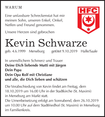 Traueranzeige von Kevin Schwarze von Mitteldeutsche Zeitung Halle/Saalkreis