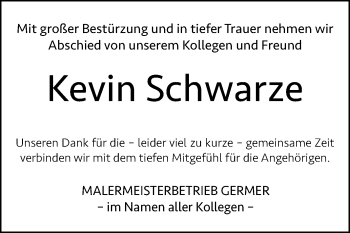Traueranzeige von Kevin Schwarze von Mitteldeutsche Zeitung Halle/Saalkreis
