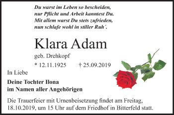 Traueranzeige von Klara Adam von Mitteldeutsche Zeitung Bitterfeld