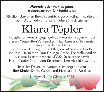 Traueranzeige von Klara Töpler von Wochenspiegel Mansfelder Land