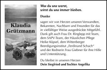 Traueranzeige von Klaudia Grützmann von Super Sonntag Wittenberg