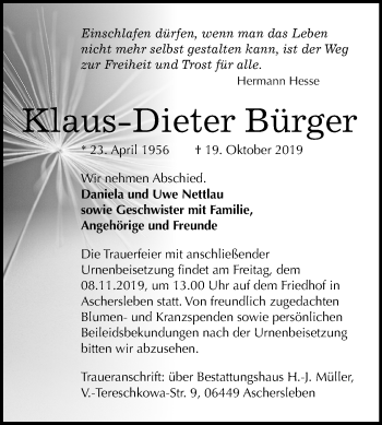 Traueranzeige von Klaus-Dieter Bürger von Mitteldeutsche Zeitung Aschersleben