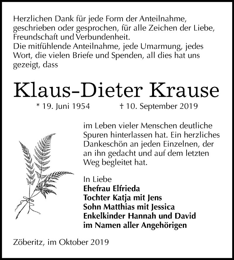  Traueranzeige für Klaus-Dieter Krause vom 05.10.2019 aus Mitteldeutsche Zeitung Halle/Saalkreis