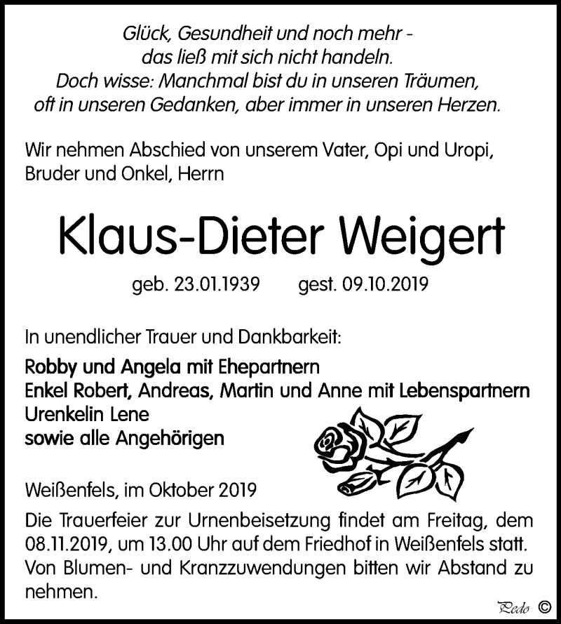  Traueranzeige für Klaus-Dieter Weigert vom 23.10.2019 aus Wochenspiegel Weißenfels