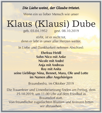 Traueranzeige von Klaus Dube von Mitteldeutsche Zeitung Merseburg/Querfurt