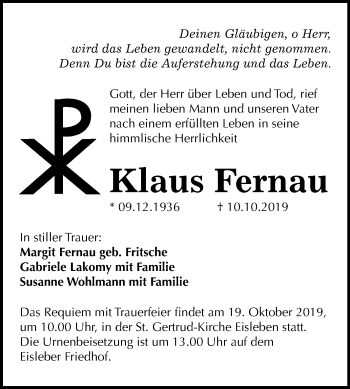 Traueranzeige von Klaus Fernau von Mitteldeutsche Zeitung Mansfelder Land